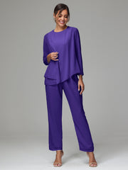 3 Pieces Long Sleeves Chiffon Mother Of The Bride Dress Pants Suits