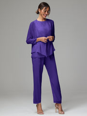 3 Pieces Long Sleeves Chiffon Mother Of The Bride Dress Pants Suits