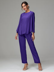 3 Pieces Long Sleeves Chiffon Mother Of The Bride Dress Pants Suits