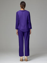 3 Pieces Long Sleeves Chiffon Mother Of The Bride Dress Pants Suits