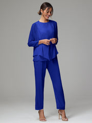 3 Pieces Long Sleeves Chiffon Mother Of The Bride Dress Pants Suits