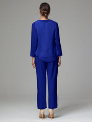 3 Pieces Long Sleeves Chiffon Mother Of The Bride Dress Pants Suits