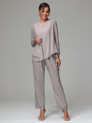 3 Pieces Long Sleeves Chiffon Mother Of The Bride Dress Pants Suits
