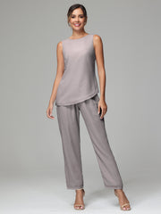 3 Pieces Long Sleeves Chiffon Mother Of The Bride Dress Pants Suits