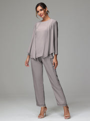 3 Pieces Long Sleeves Chiffon Mother Of The Bride Dress Pants Suits