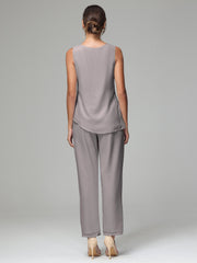 3 Pieces Long Sleeves Chiffon Mother Of The Bride Dress Pants Suits