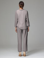 3 Pieces Long Sleeves Chiffon Mother Of The Bride Dress Pants Suits