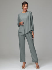 3 Pieces Long Sleeves Chiffon Mother Of The Bride Dress Pants Suits