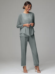 3 Pieces Long Sleeves Chiffon Mother Of The Bride Dress Pants Suits