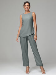 3 Pieces Long Sleeves Chiffon Mother Of The Bride Dress Pants Suits