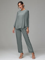 3 Pieces Long Sleeves Chiffon Mother Of The Bride Dress Pants Suits