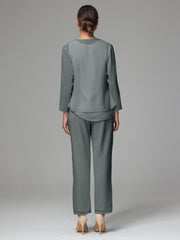 3 Pieces Long Sleeves Chiffon Mother Of The Bride Dress Pants Suits