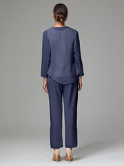 3 Pieces Long Sleeves Chiffon Mother Of The Bride Dress Pants Suits