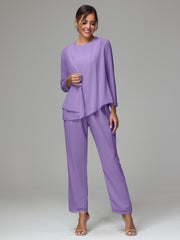 3 Pieces Long Sleeves Chiffon Mother Of The Bride Dress Pants Suits