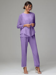 3 Pieces Long Sleeves Chiffon Mother Of The Bride Dress Pants Suits