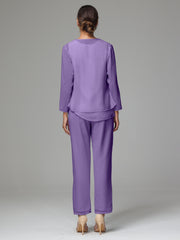 3 Pieces Long Sleeves Chiffon Mother Of The Bride Dress Pants Suits