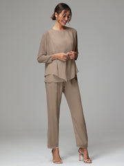 3 Pieces Long Sleeves Chiffon Mother Of The Bride Dress Pants Suits