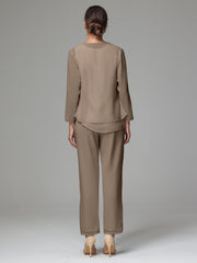 3 Pieces Long Sleeves Chiffon Mother Of The Bride Dress Pants Suits