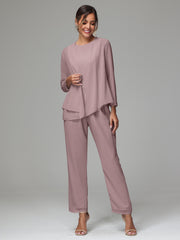 3 Pieces Long Sleeves Chiffon Mother Of The Bride Dress Pants Suits