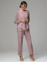 3 Pieces Long Sleeves Chiffon Mother Of The Bride Dress Pants Suits