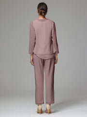 3 Pieces Long Sleeves Chiffon Mother Of The Bride Dress Pants Suits