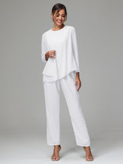 3 Pieces Long Sleeves Chiffon Mother Of The Bride Dress Pants Suits