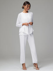 3 Pieces Long Sleeves Chiffon Mother Of The Bride Dress Pants Suits