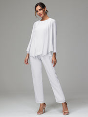 3 Pieces Long Sleeves Chiffon Mother Of The Bride Dress Pants Suits