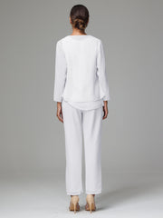 3 Pieces Long Sleeves Chiffon Mother Of The Bride Dress Pants Suits