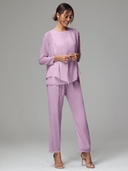 3 Pieces Long Sleeves Chiffon Mother Of The Bride Dress Pants Suits