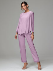 3 Pieces Long Sleeves Chiffon Mother Of The Bride Dress Pants Suits