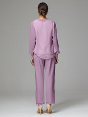 3 Pieces Long Sleeves Chiffon Mother Of The Bride Dress Pants Suits