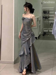 Premium Grey 3D Flower Asymmetry Spaghetti Strap A-line Long Evening Dress,Prom Dress