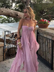 Elegant Pink Strapless Side Slit A-line Long Evening Dress,Prom Dress