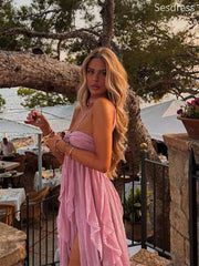 Elegant Pink Strapless Side Slit A-line Long Evening Dress,Prom Dress