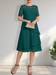 A-line Scoop Illusion Knee-Length Lace Chiffon Mother of the Bride Dress With Sequins