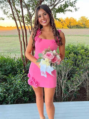 Gorgeous Hot Pink Appliques Square Strap Bodycon Short Mini Dress Homecoming Dress
