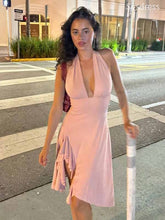 Elegant Pink V-neck Halter A-line Short Mini Dress Homecoming Dress