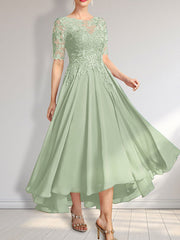 A-line Scoop Illusion Asymmetrical Chiffon Lace Mother of the Bride Dress With Sequins