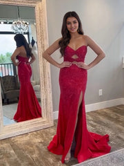 V Neck Hollowed Prom Dresses with Slit Mermaid Beads Wedding Guest Dress