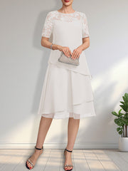 A-line Scoop Illusion Knee-Length Lace Chiffon Mother of the Bride Dress With Sequins