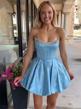 Gorgeous Blue Beaded Strapless A-line Short Mini Dress Homecoming Dress