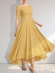 A-line Scoop Illusion Asymmetrical Chiffon Lace Mother of the Bride Dress With Sequins