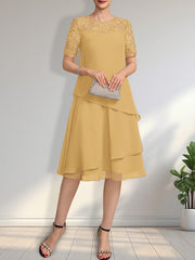 A-line Scoop Illusion Knee-Length Lace Chiffon Mother of the Bride Dress With Sequins