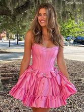 Elegant Pink Strapless Beadings Bow Tie A-line Short Mini Dress Homecoming Dress