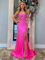 V Neck Hollowed Prom Dresses with Slit Mermaid Beads Wedding Guest Dress