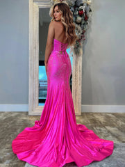 V Neck Hollowed Prom Dresses with Slit Mermaid Beads Wedding Guest Dress