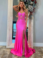 V Neck Hollowed Prom Dresses with Slit Mermaid Beads Wedding Guest Dress