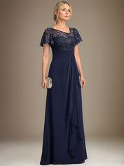 A-line Asymmetrical Illusion Floor-Length Lace Chiffon Mother of the Bride Dress With Cascading Ruffles Sequins