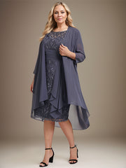 Sheath/Column Scoop Illusion Knee-Length Lace Chiffon Mother of the Bride Dress With Cascading Ruffles Sequins